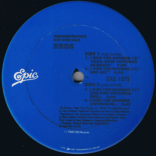 Bros : I Owe You Nothing (12", Single, Promo)