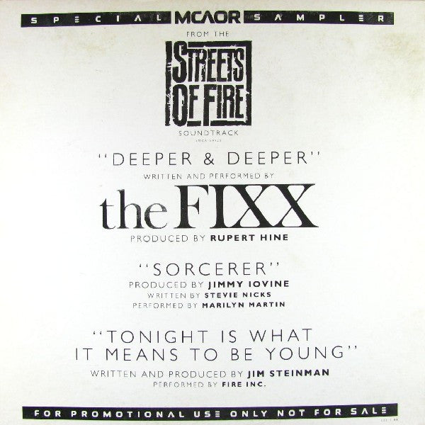 The Fixx / Marilyn Martin / Fire Inc. : Deeper And Deeper / Sorcerer / Tonight Is What It Means To Be Young (12", Promo)
