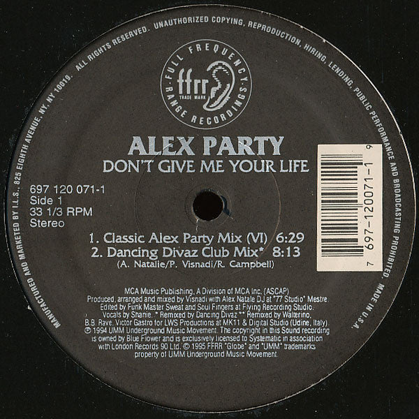 Alex Party : Don't Give Me Your Life (12")