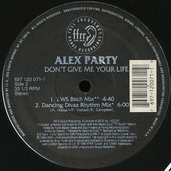 Alex Party : Don't Give Me Your Life (12")