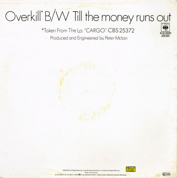 Men At Work : Overkill / Till The Money Runs Out (12", Maxi)