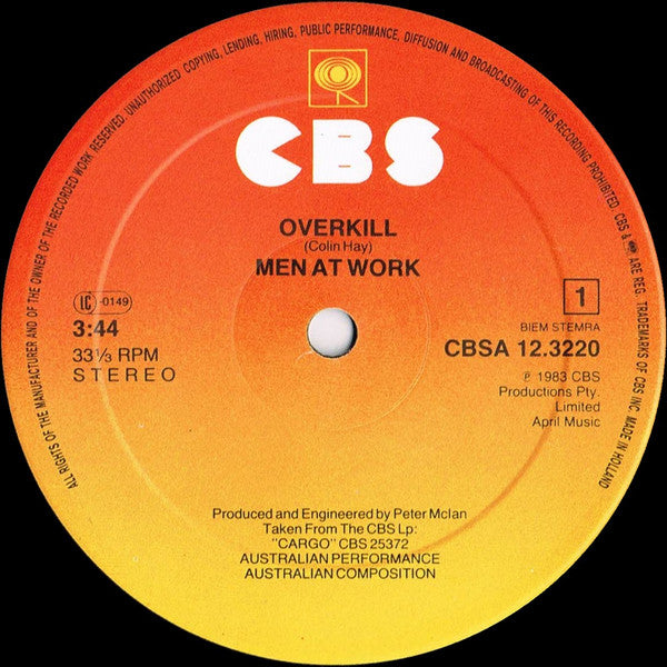 Men At Work : Overkill / Till The Money Runs Out (12", Maxi)