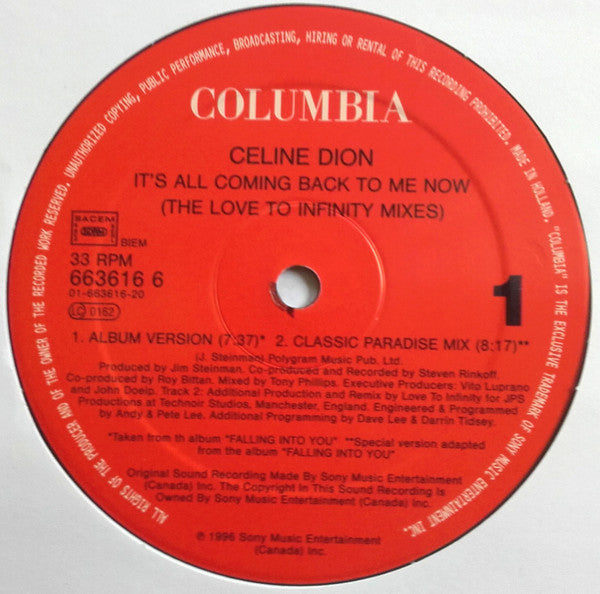 Céline Dion : It's All Coming Back To Me Now (The Love To Infinity Mixes) (12", Maxi)